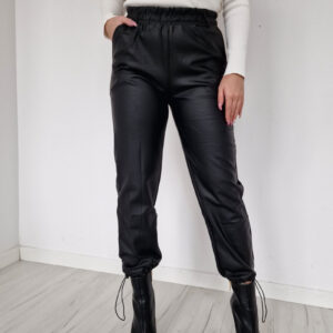 Spodnie ze ściągaczem ekoskóra czarne