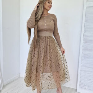 Sukienka dzianinowa beżowa z tiulem